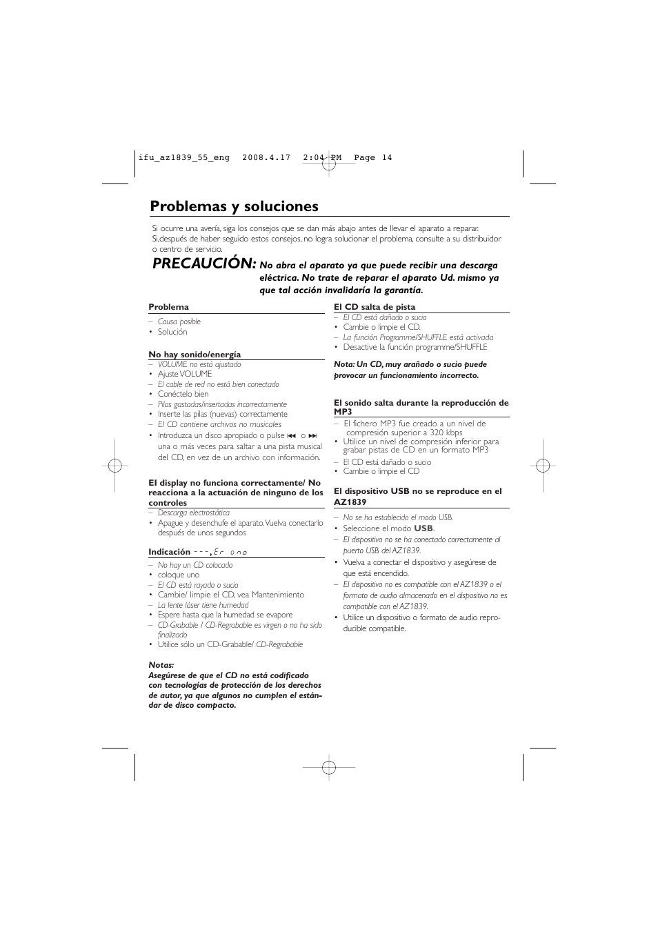 Problemas y soluciones, Precaución | Philips CD SOUNDMACHINE AZ1839 User Manual | Page 14 / 14