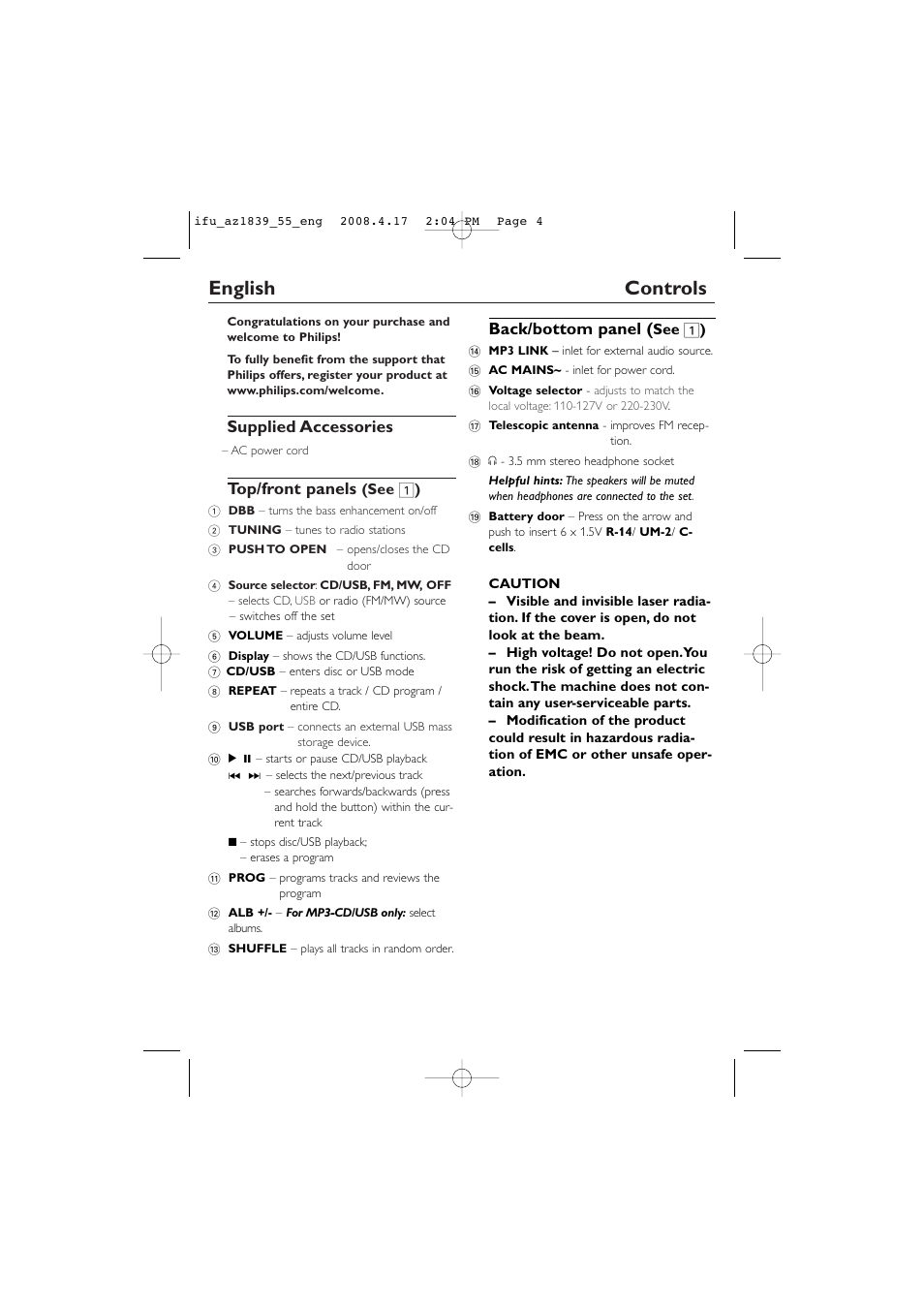 English controls, Supplied accessories, Top/front panels | Back/bottom panel | Philips CD SOUNDMACHINE AZ1839 User Manual | Page 4 / 14