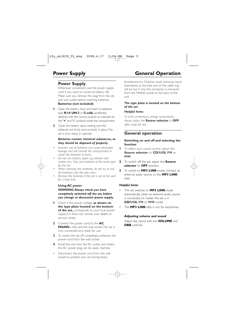 Power supply general operation, Power supply, General operation | Philips CD SOUNDMACHINE AZ1839 User Manual | Page 5 / 14