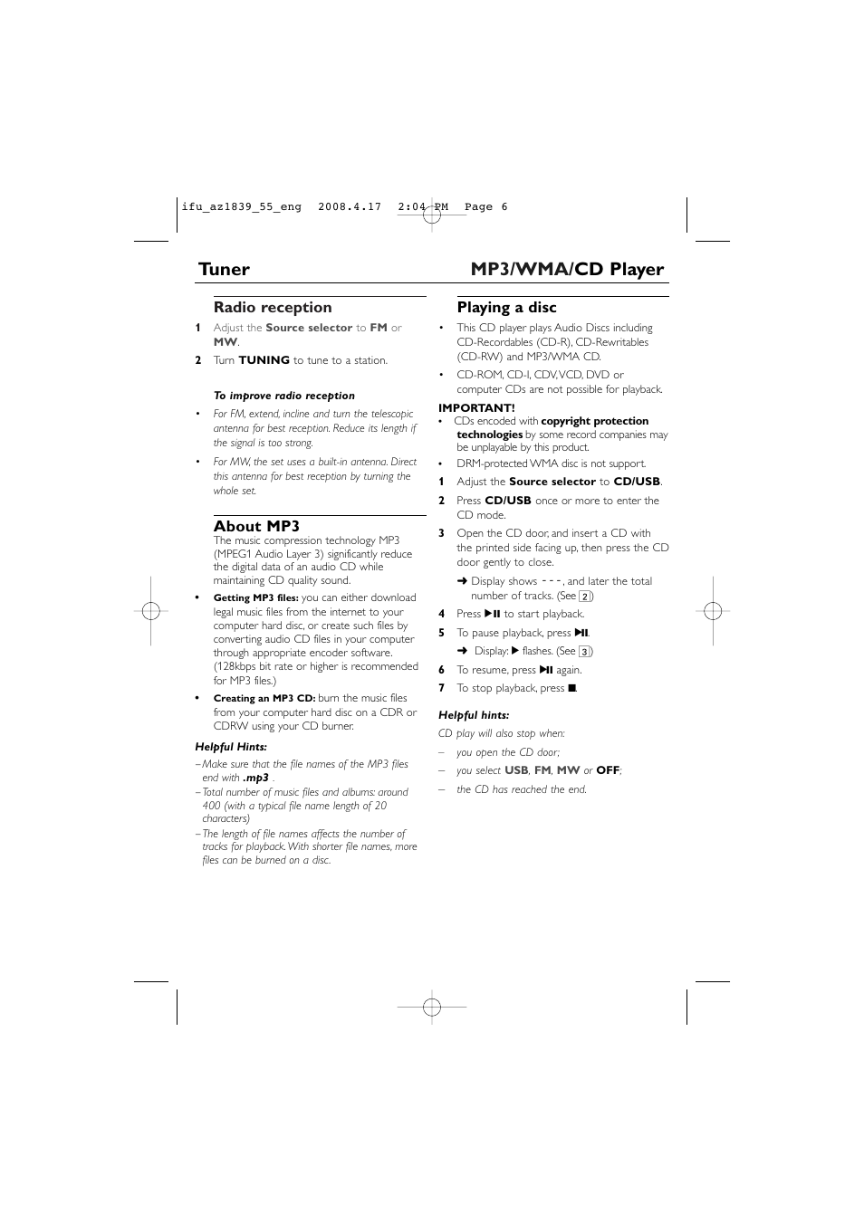 Tuner mp3/wma/ cd player, Radio reception, About mp3 | Playing a disc | Philips CD SOUNDMACHINE AZ1839 User Manual | Page 6 / 14