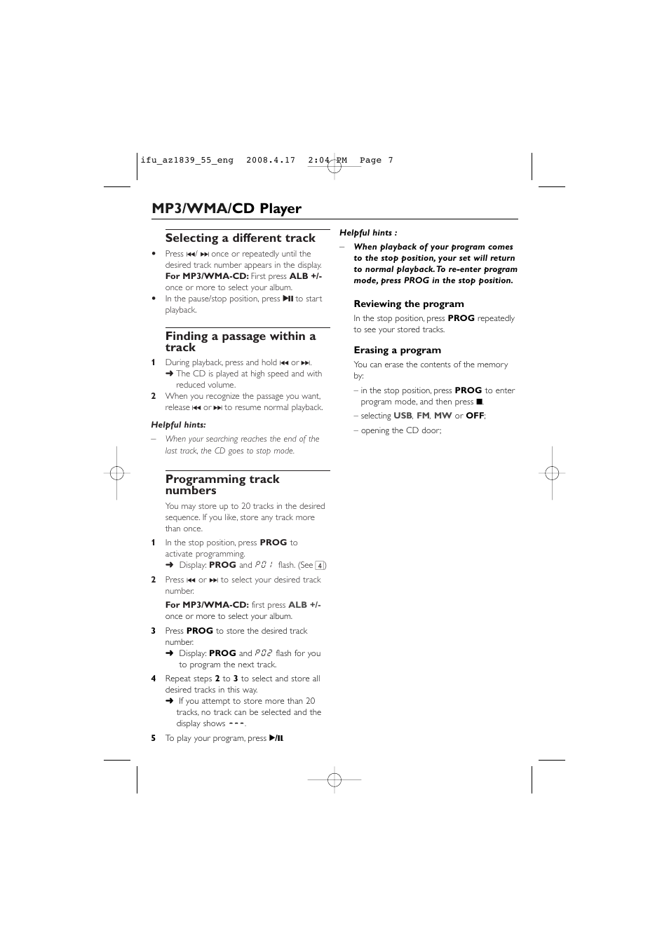 Mp3/wma/ cd player, Selecting a different track, Finding a passage within a track | Programming track numbers | Philips CD SOUNDMACHINE AZ1839 User Manual | Page 7 / 14