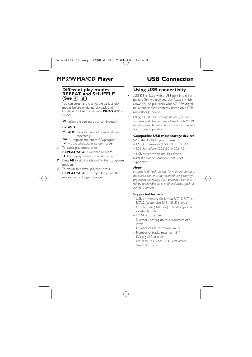 Usb connection, Mp3/wma/cd player, Different play modes: repeat and shuffle (see 5 | Using usb connectivity | Philips CD SOUNDMACHINE AZ1839 User Manual | Page 8 / 14