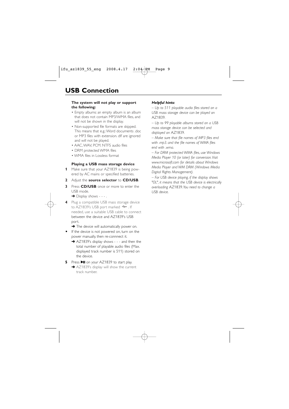 Usb connection | Philips CD SOUNDMACHINE AZ1839 User Manual | Page 9 / 14