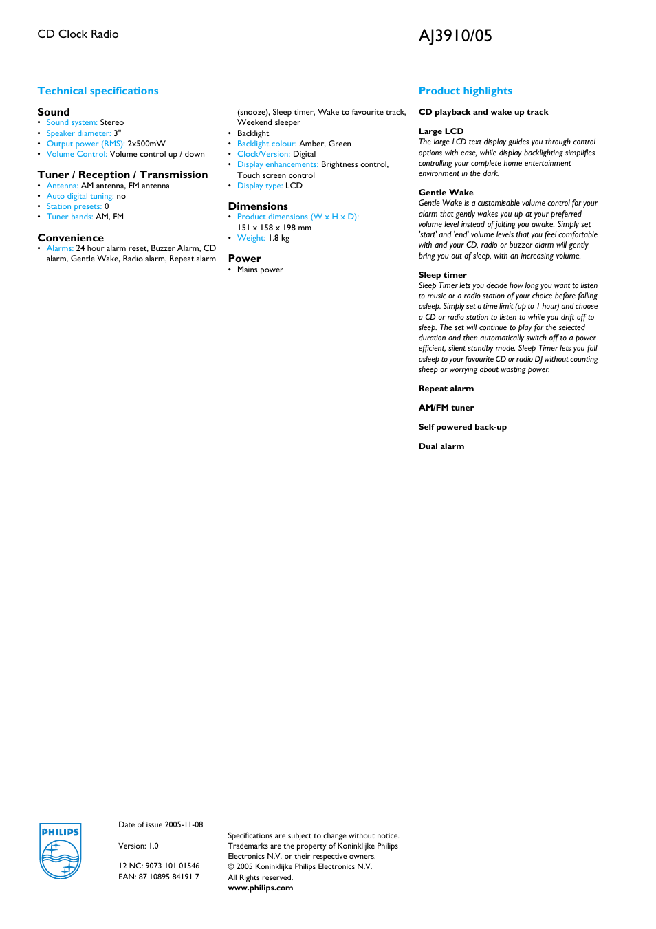 Cd clock radio | Philips AJ3910 User Manual | Page 2 / 2