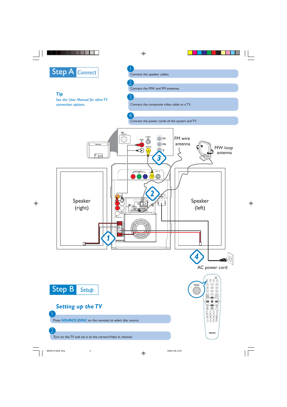 Setting up the tv 1 2 4 3, Speaker (right) speaker (left), Ac power cord fm wire antenna | Mw loop antenna, Audio in s-video in video in tv in | Philips MCD515 User Manual | Page 2 / 4