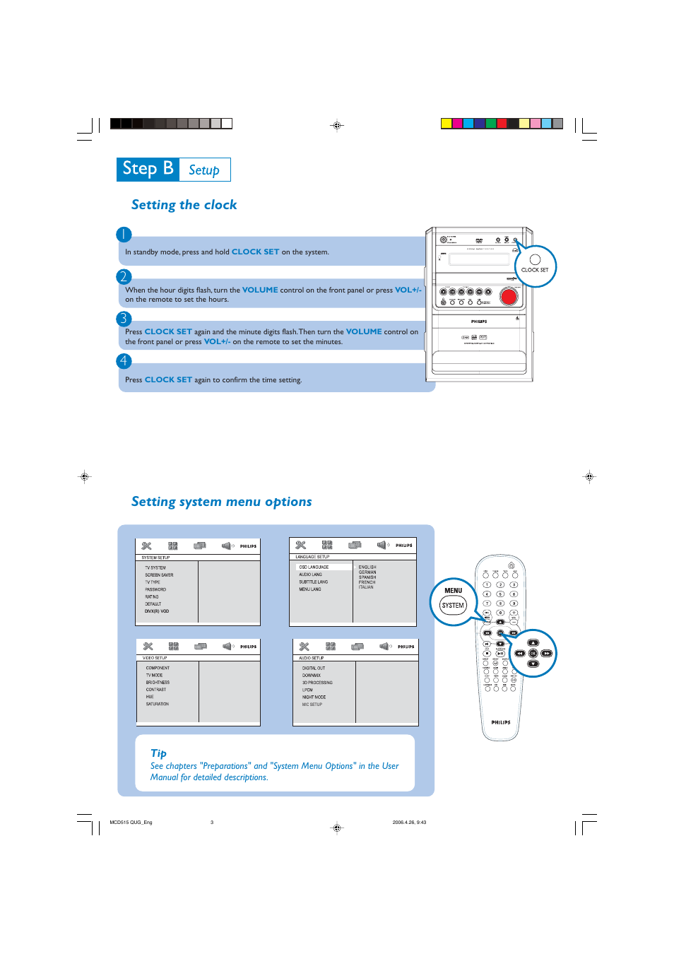 Setting the clock 1 2 3 4, Setting system menu options | Philips MCD515 User Manual | Page 3 / 4