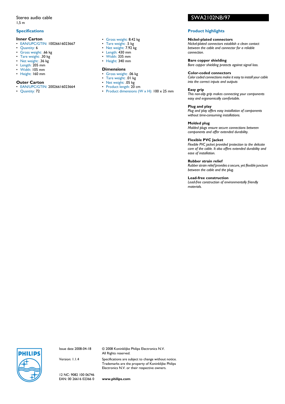 Philips SWA2102NB User Manual | Page 2 / 2