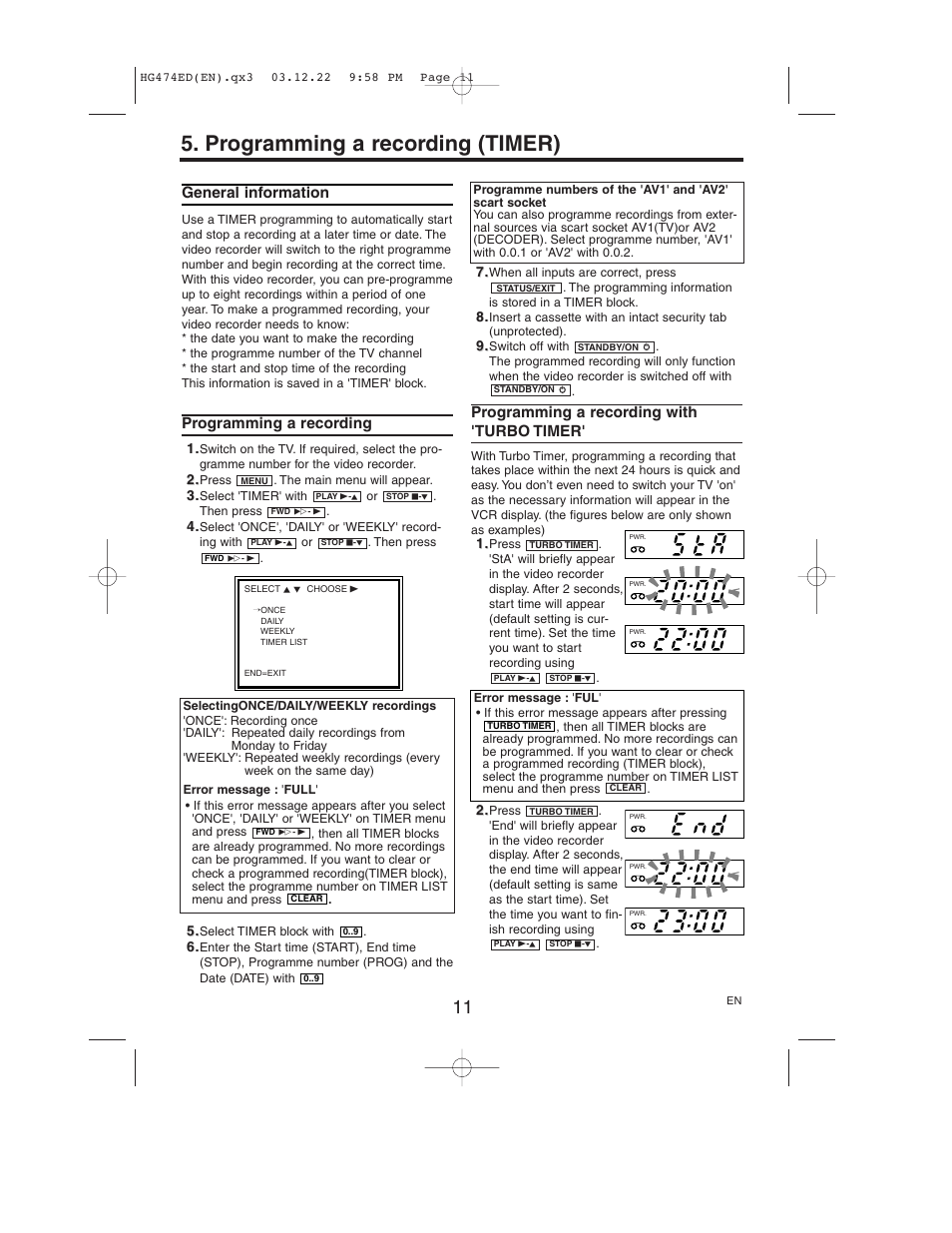 Programming a recording (timer), General information, Programming a recording | Programming a recording with 'turbo timer | Philips VR550/58 User Manual | Page 11 / 16