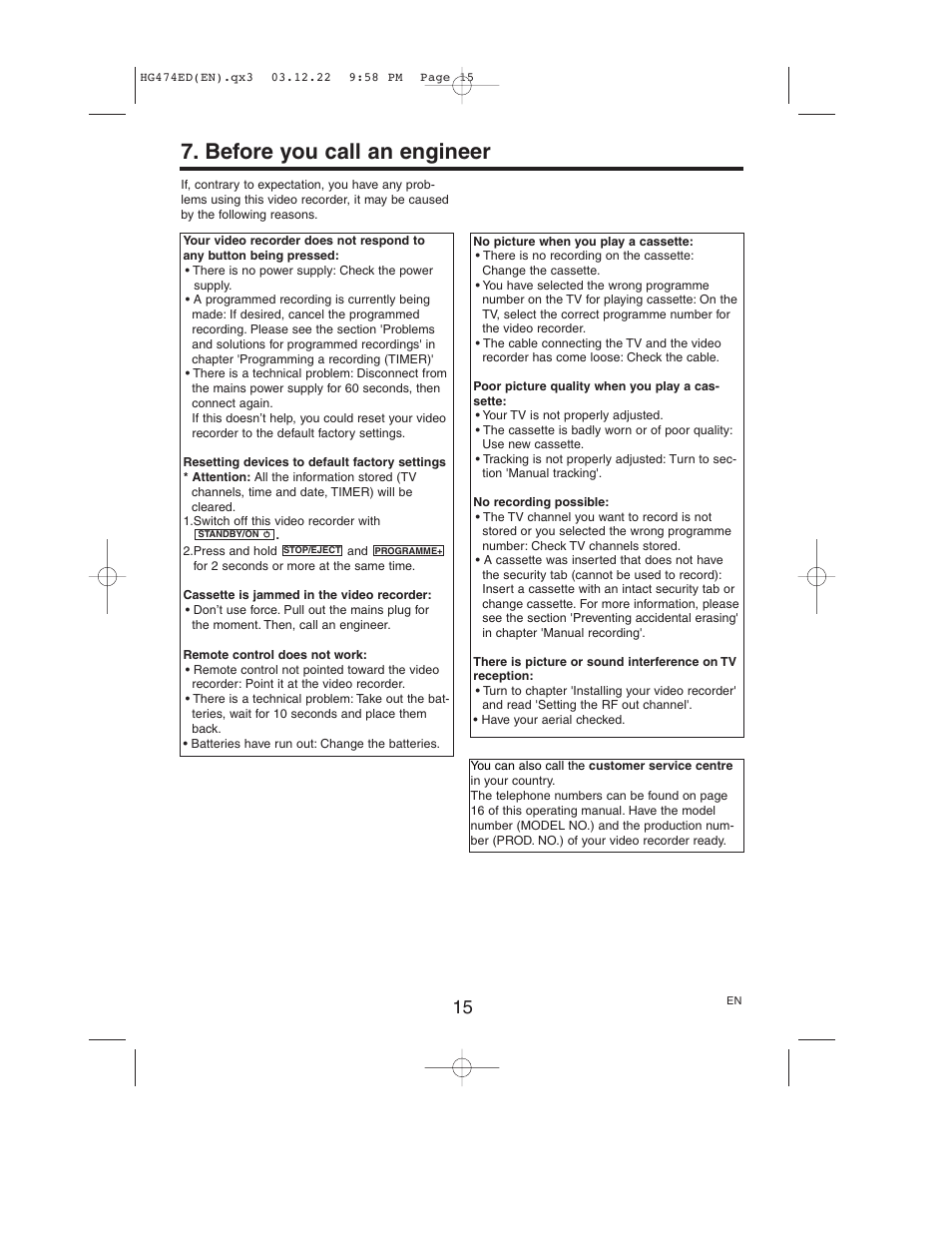 Before you call an engineer | Philips VR550/58 User Manual | Page 15 / 16