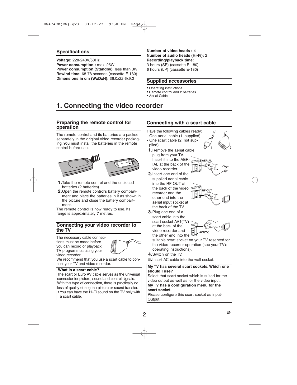 Connecting the video recorder | Philips VR550/58 User Manual | Page 2 / 16