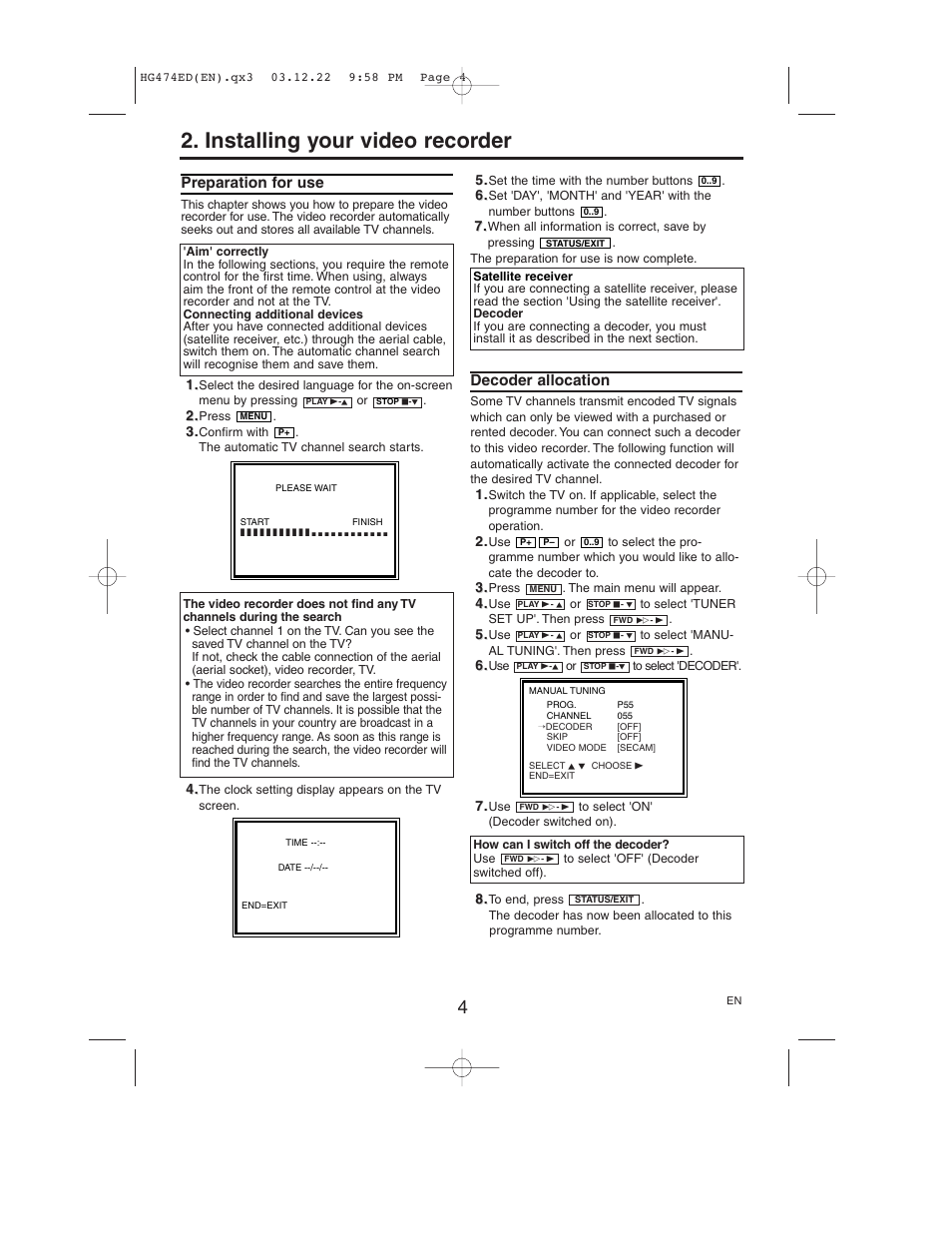 Installing your video recorder, Preparation for use, Decoder allocation | Philips VR550/58 User Manual | Page 4 / 16