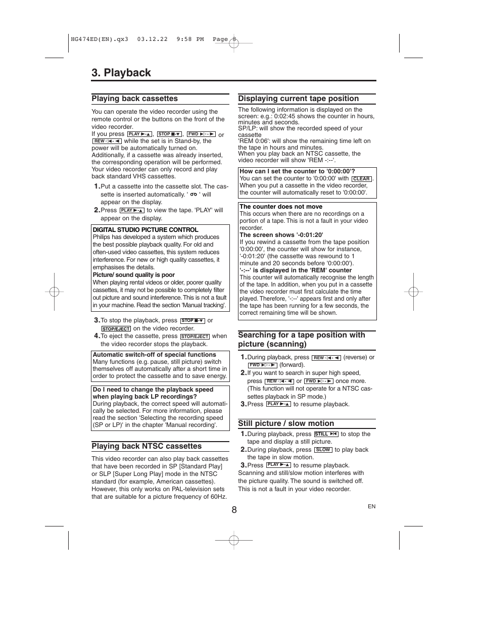 Playback | Philips VR550/58 User Manual | Page 8 / 16