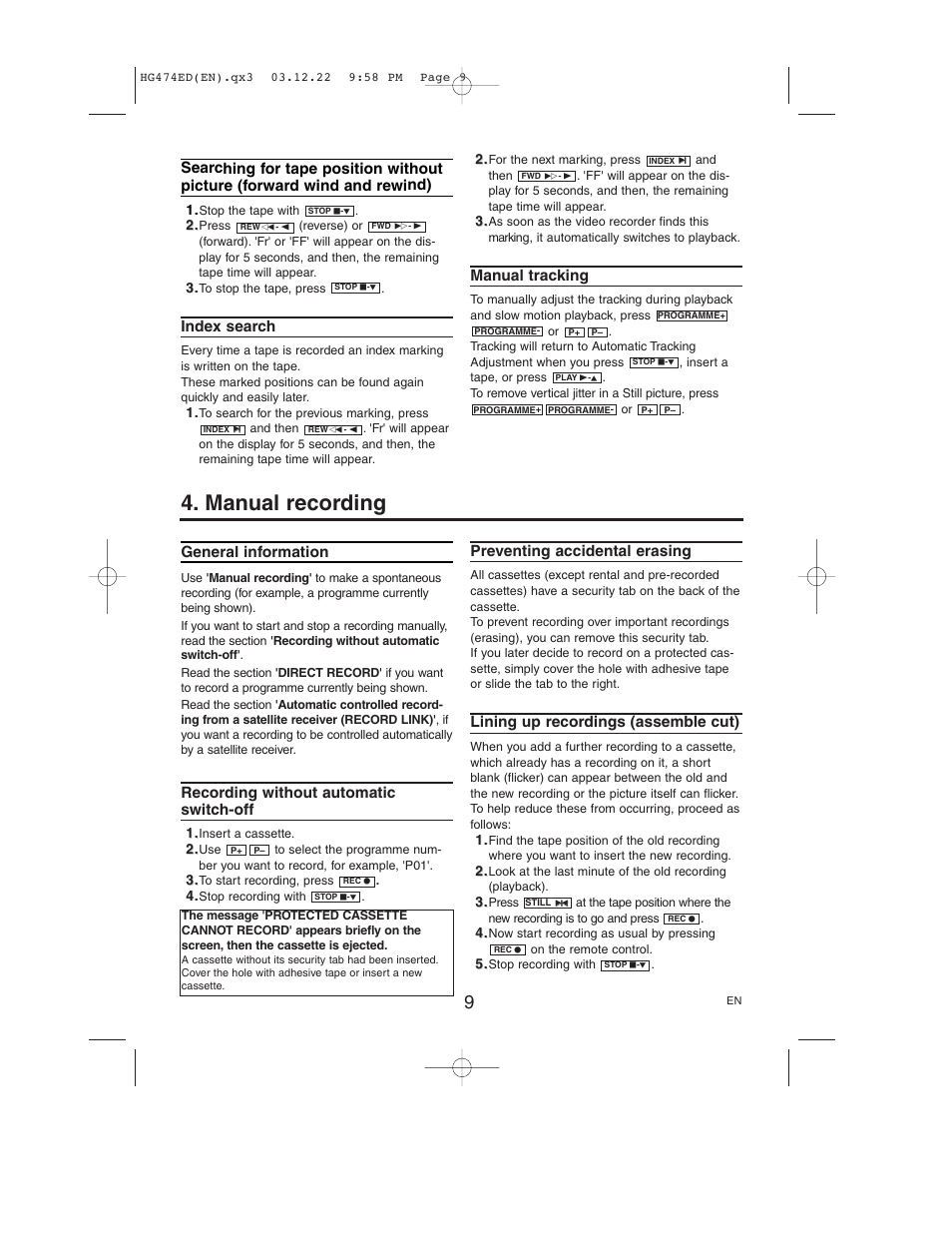 Manual recording | Philips VR550/58 User Manual | Page 9 / 16