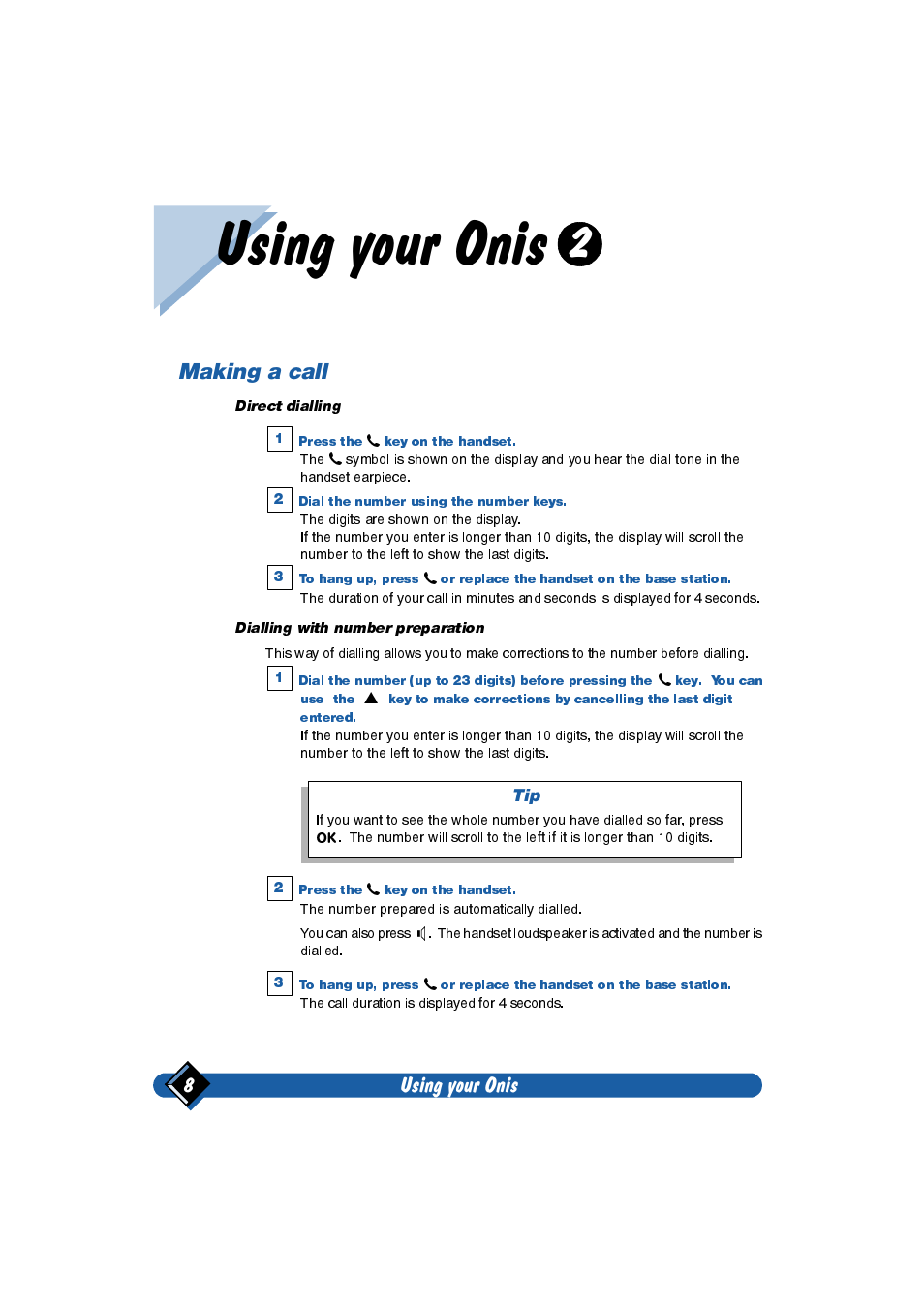 Using your onis, Making a call, Using your onis 8 | Philips Onis 2 User Manual | Page 12 / 38