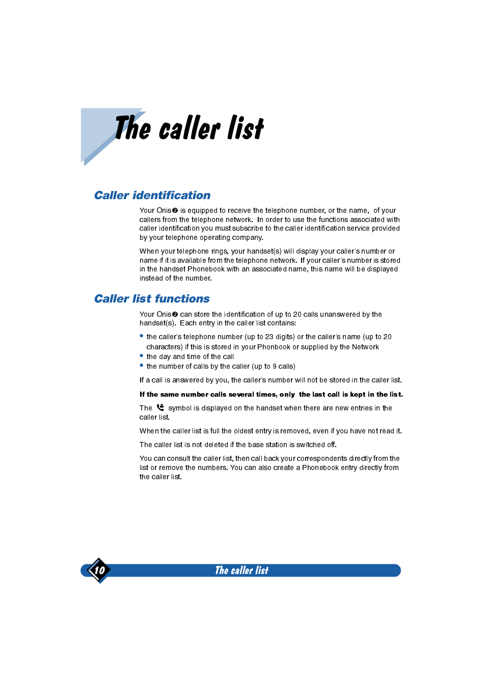 The caller list, Caller identification, Caller list functions | The caller list 10 | Philips Onis 2 User Manual | Page 14 / 38