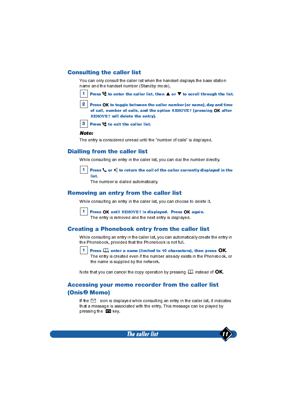 Consulting the caller list, Dialling from the caller list, Removing an entry from the caller list | Creating a phonebook entry from the caller list, The caller list 11 | Philips Onis 2 User Manual | Page 15 / 38