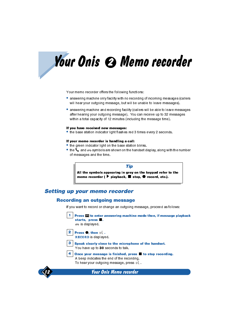 Your onis memo recorder, Setting up your memo recorder, Recording an outgoing message | Philips Onis 2 User Manual | Page 16 / 38