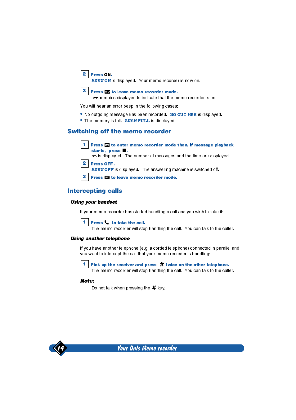 Switching off the memo recorder, Intercepting calls | Philips Onis 2 User Manual | Page 18 / 38