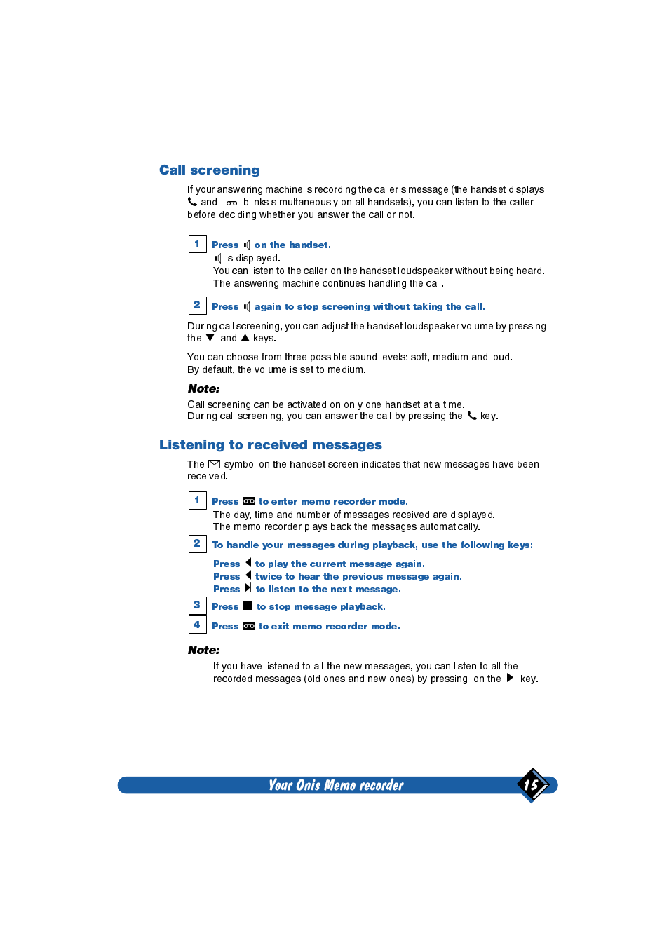 Call screening, Listening to received messages | Philips Onis 2 User Manual | Page 19 / 38