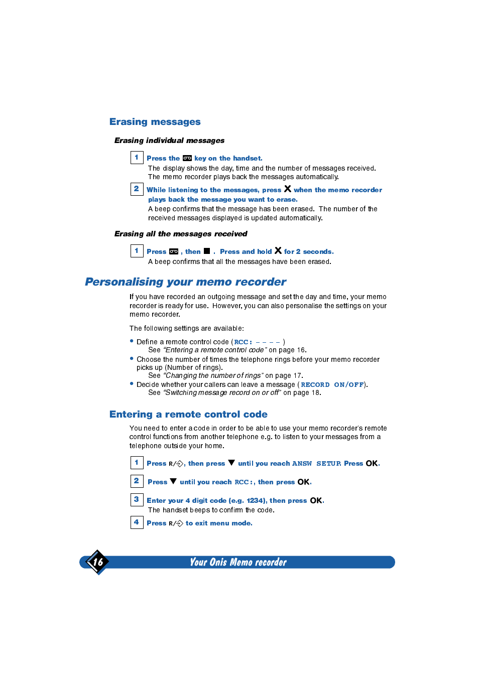 Erasing messages, Personalising your memo recorder, Entering a remote control code | Philips Onis 2 User Manual | Page 20 / 38