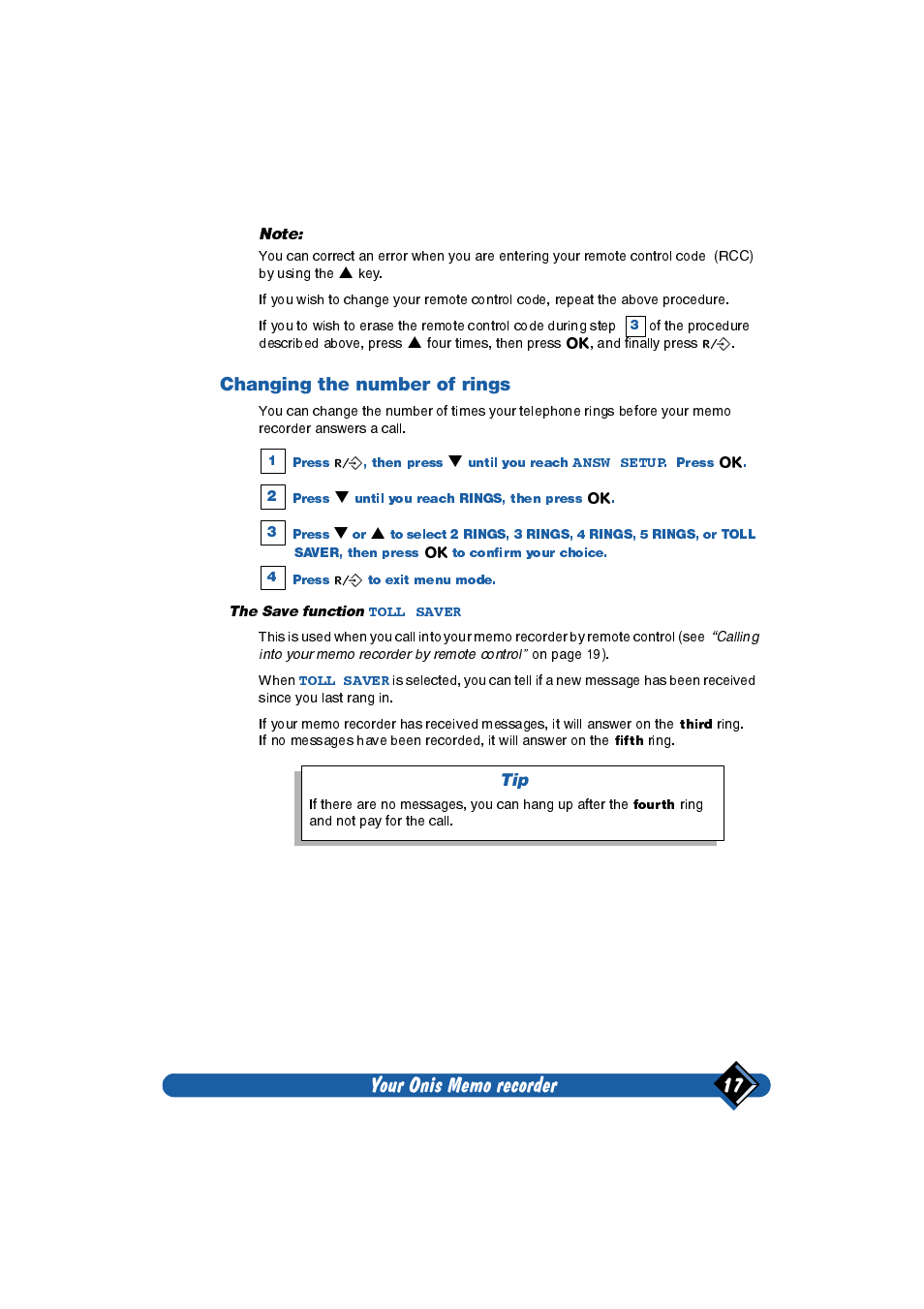 Changing the number of ring, Changing the number of rings | Philips Onis 2 User Manual | Page 21 / 38
