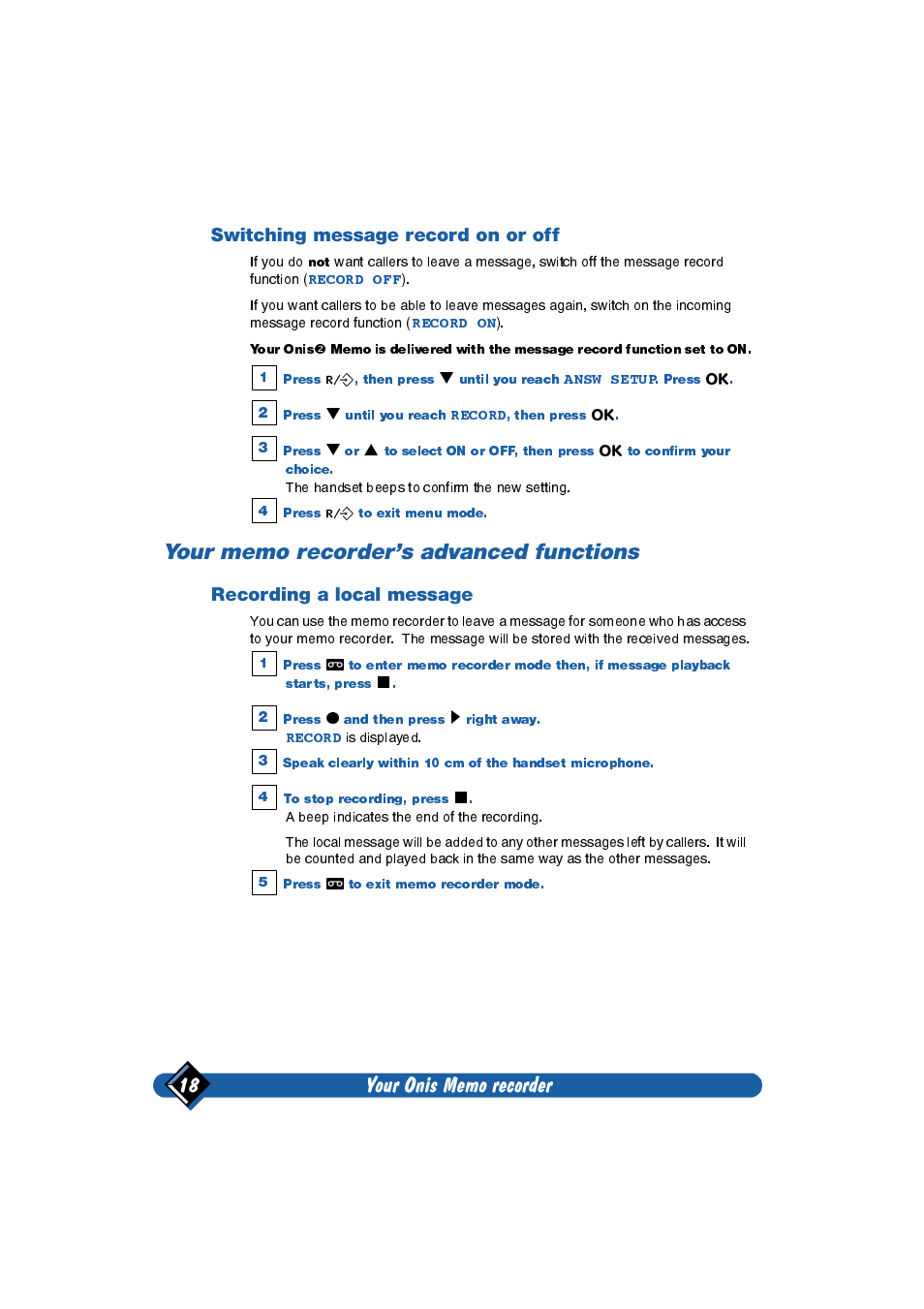 Switching message record on or off, Your memo recorder's advanced functions, Recording a local message | Philips Onis 2 User Manual | Page 22 / 38