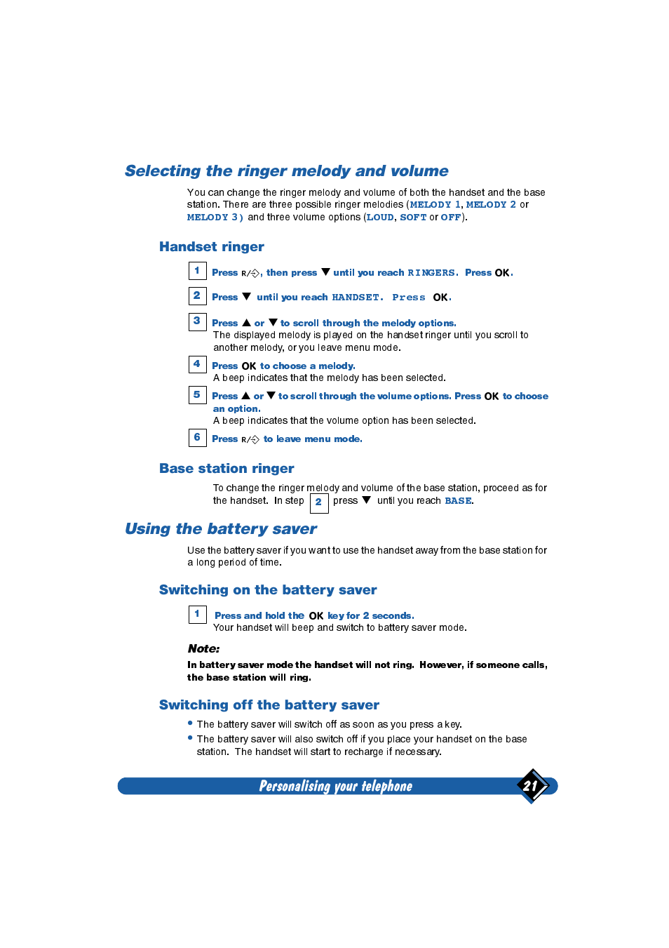 Selecting the ringer melody and volume, Handset ringer, Base station ringer | Using the battery saver, Switching on the battery saver, Switching off the battery saver, Personalising your telephone 21 | Philips Onis 2 User Manual | Page 25 / 38