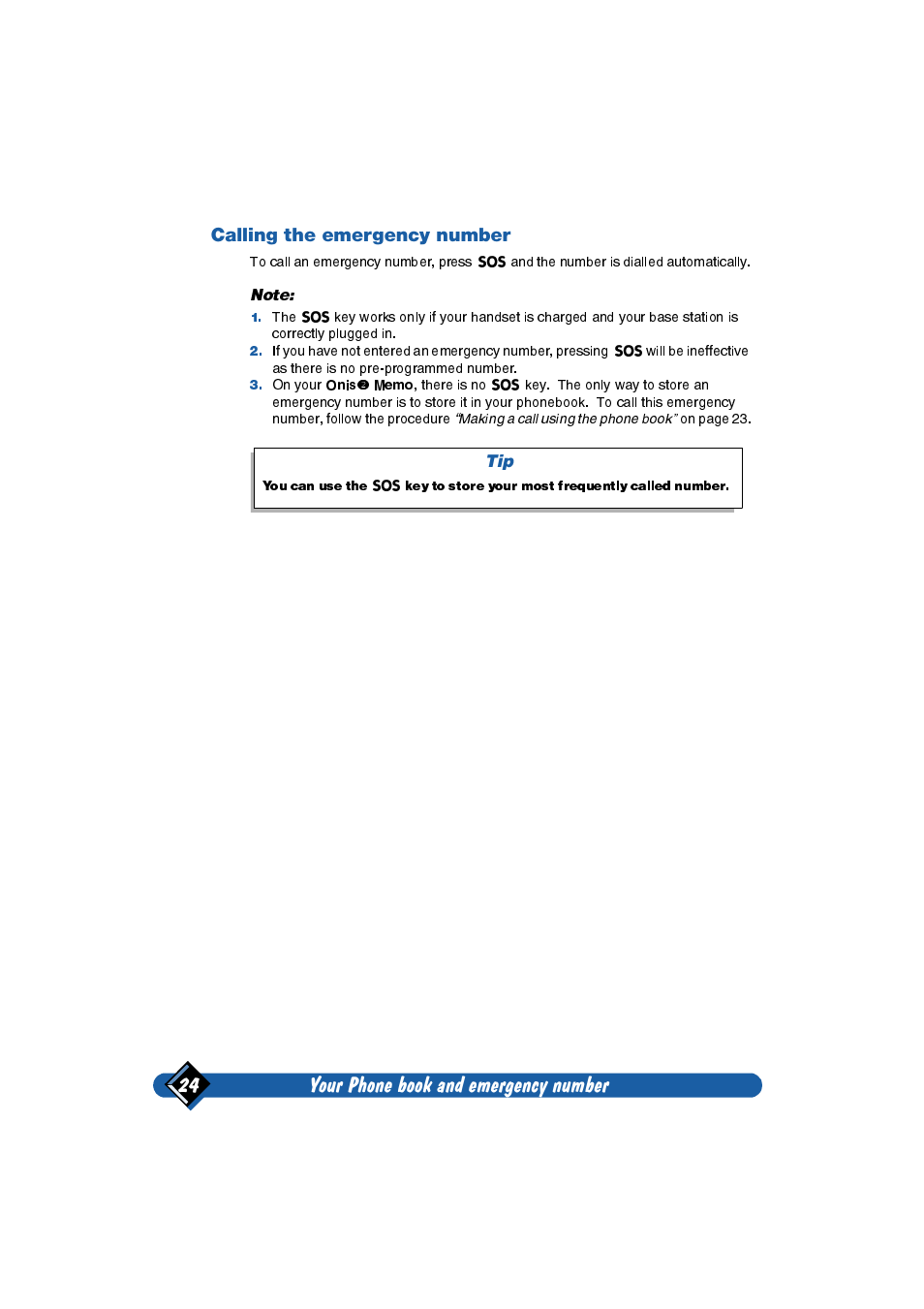 Calling the emergency number, Your phone book and emergency number 24 | Philips Onis 2 User Manual | Page 28 / 38