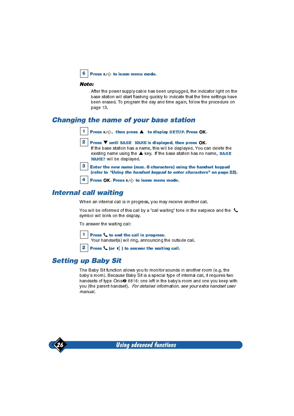 Changing the name of your base station, Internal call waiting, Setting up baby sit | Using advanced functions 26 | Philips Onis 2 User Manual | Page 30 / 38