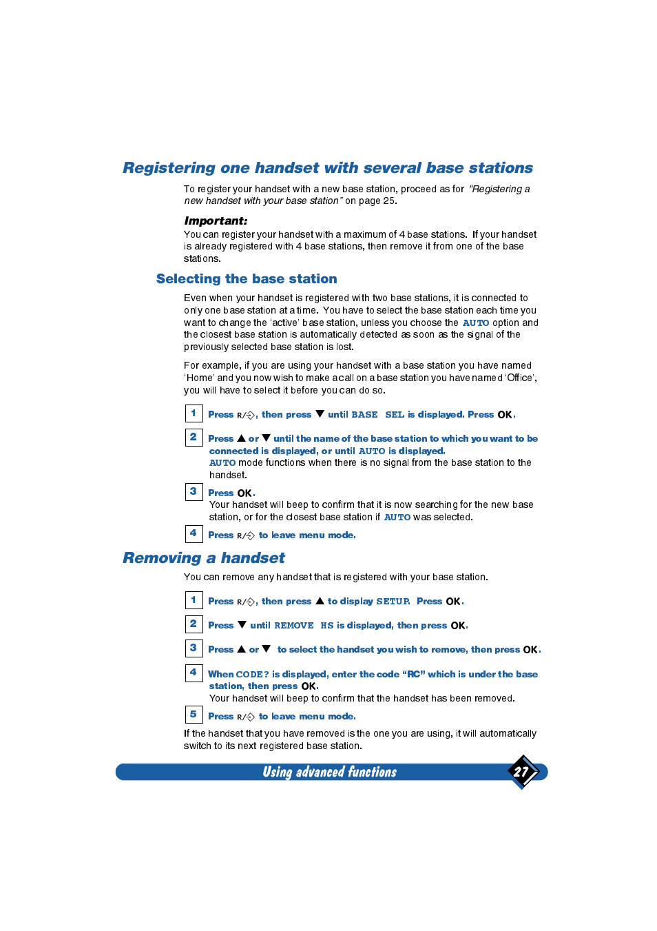 Registering one handset with several base stations, Selecting the base station, Removing a handset | Using advanced functions 27 | Philips Onis 2 User Manual | Page 31 / 38