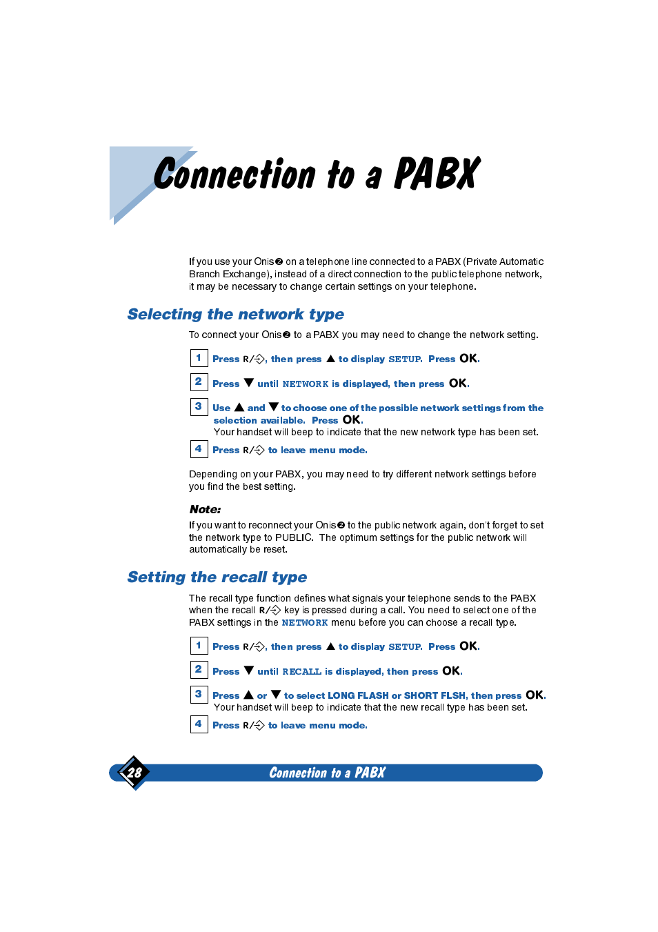 Connection to a pabx, Selecting the network type, Setting the recall type | Connection to a pabx 28 | Philips Onis 2 User Manual | Page 32 / 38