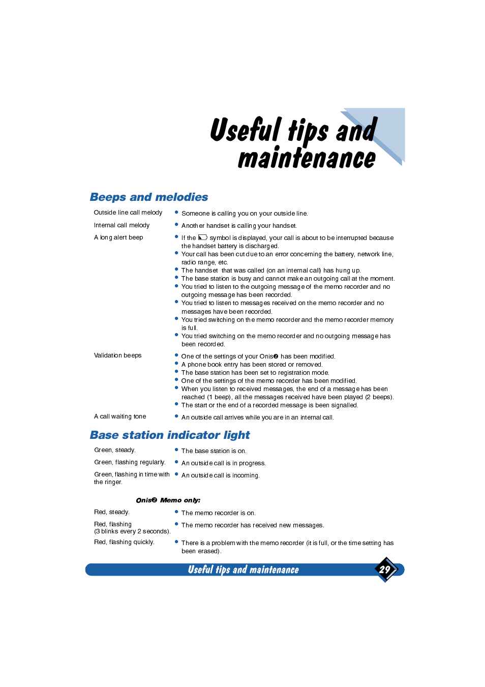 Useful tips and maintenance, Beeps and melodies, Base station indicator light | Beeps and melodies base station indicator light, Useful tips and maintenance 29 | Philips Onis 2 User Manual | Page 33 / 38