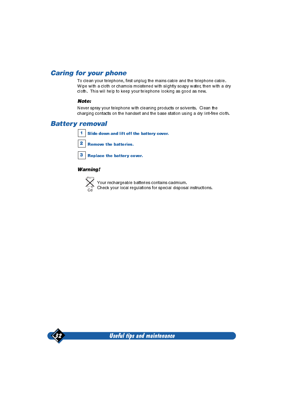Caring for your phone, Battery removal, Useful tips and maintenance 32 | Philips Onis 2 User Manual | Page 36 / 38
