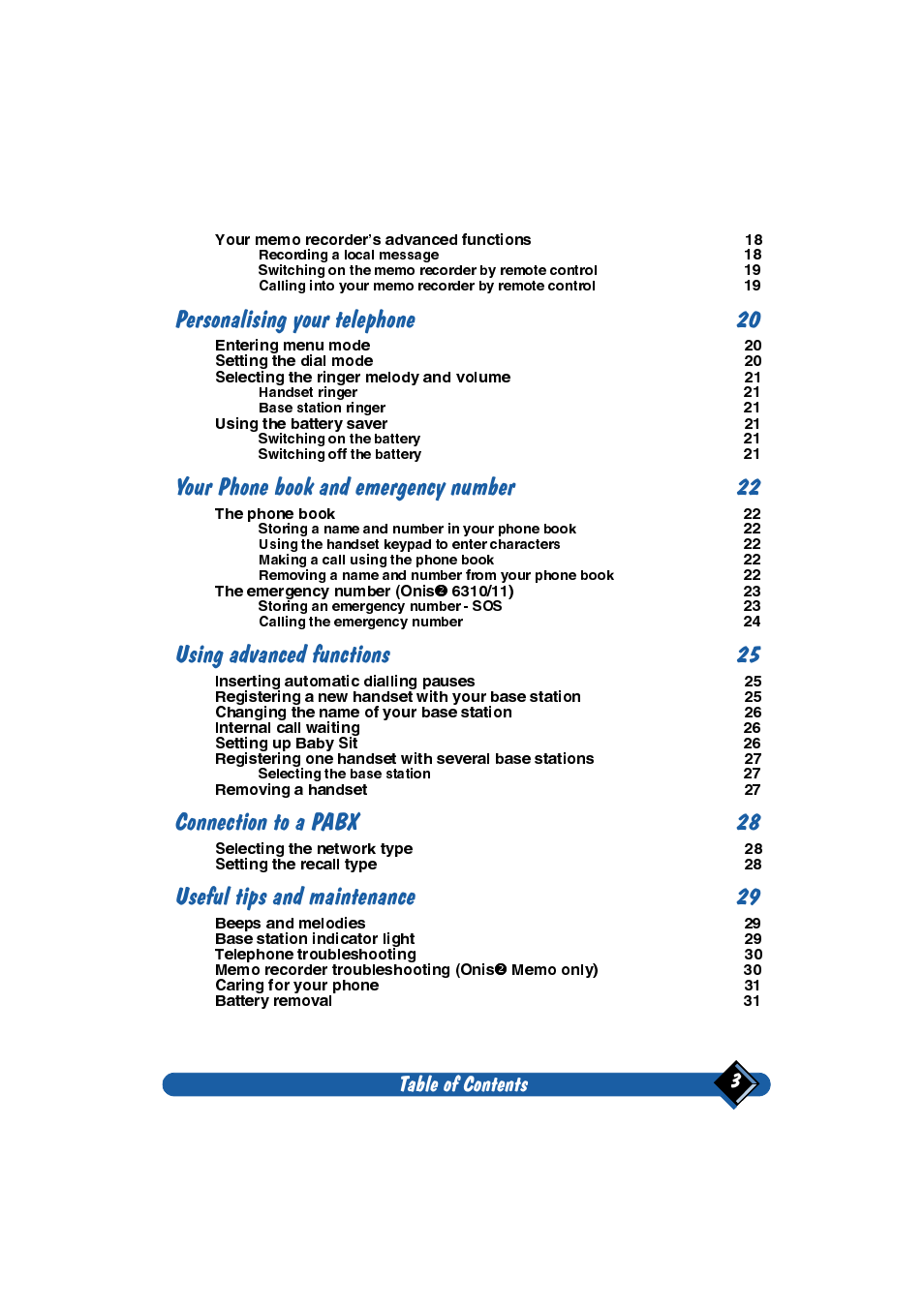 Personalising your telephone 20, Your phone book and emergency number 22, Using advanced functions 25 | Connection to a pabx 28, Useful tips and maintenance 29, Table of contents 3 | Philips Onis 2 User Manual | Page 7 / 38