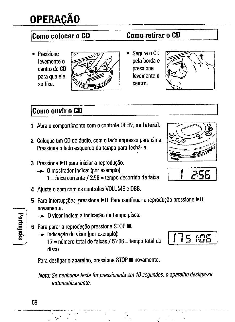 Operaqáo, 15 ¡os, Como colocar o cd como retirar o cd | Como ouvir o cd •o | Philips AZ 7481 User Manual | Page 10 / 22