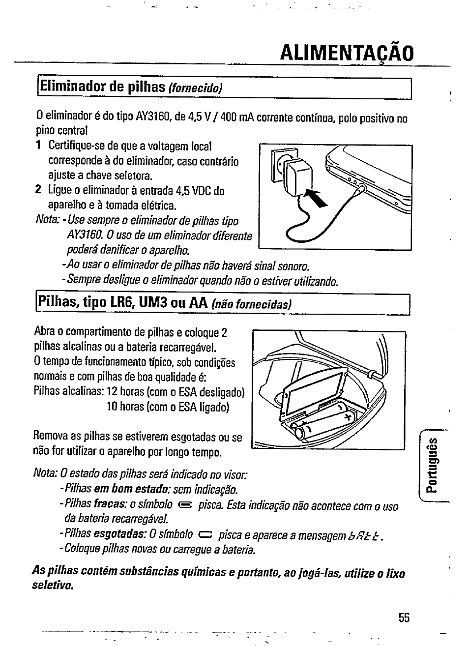 Alimentaqáo, Eliminador de pühas, Pühas, tipo lr6, um3 ou aa | Philips AZ 7481 User Manual | Page 7 / 22