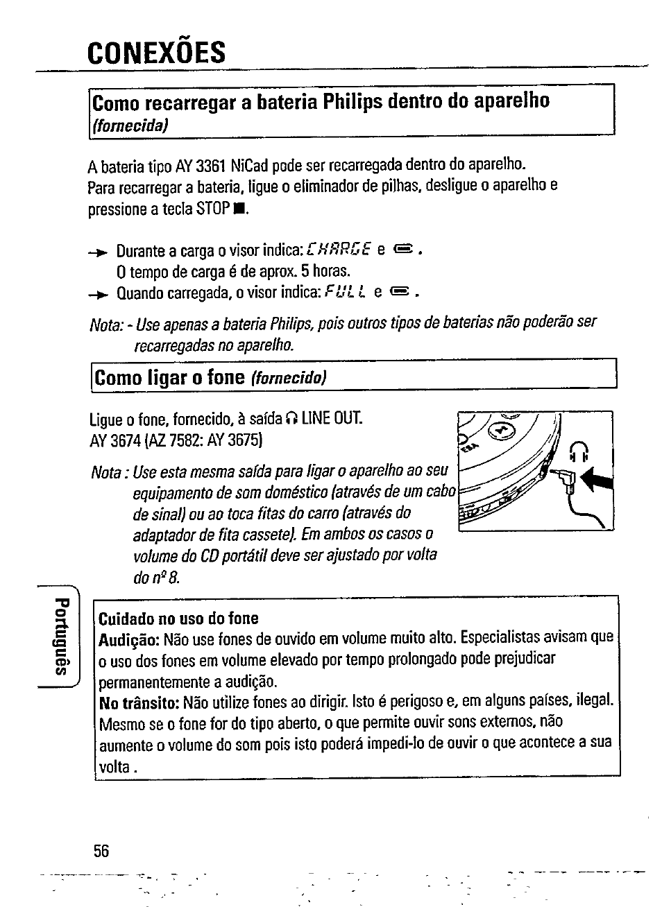 Conexoes, Como ligar o fone | Philips AZ 7481 User Manual | Page 8 / 22