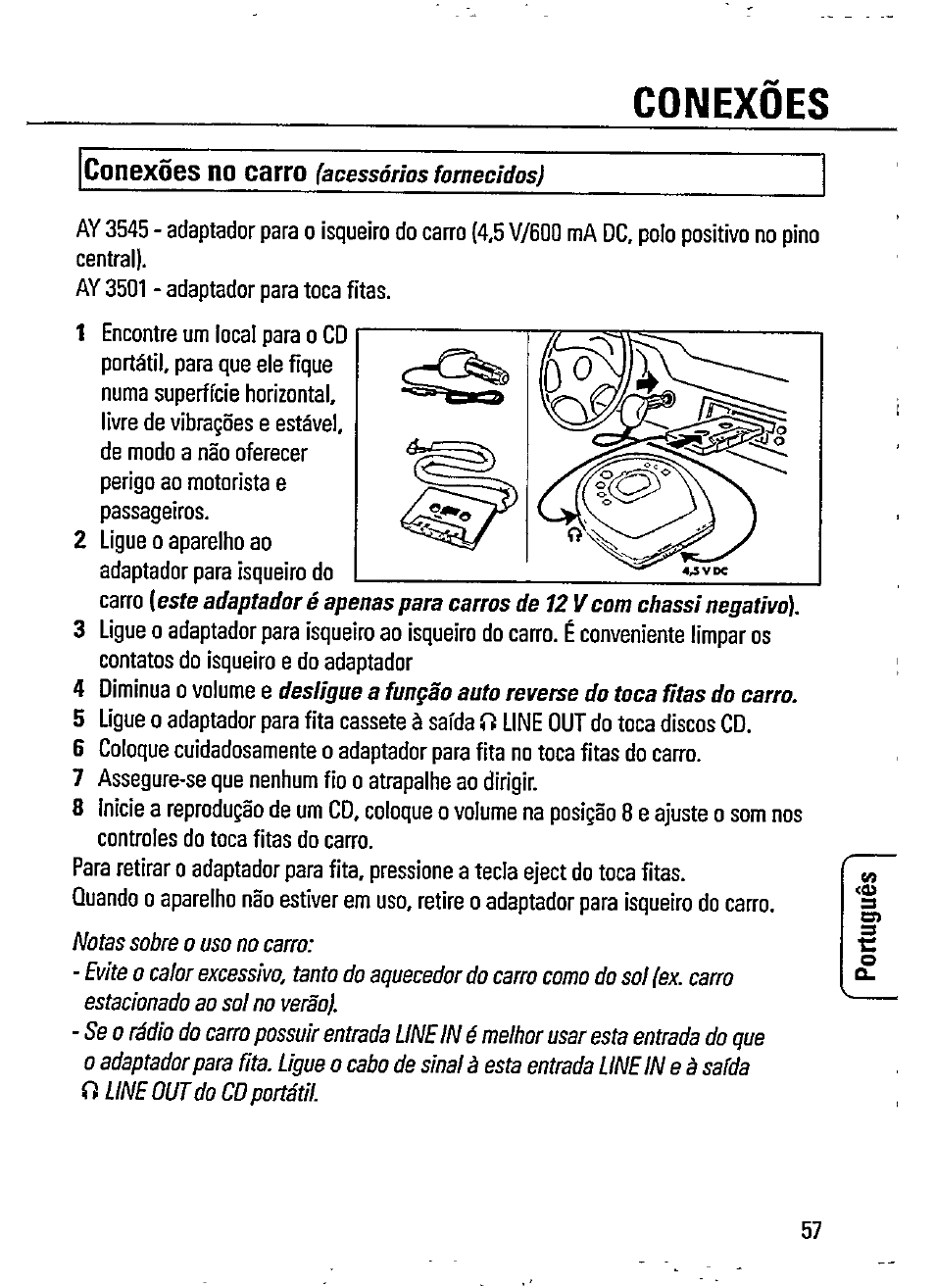 Conexoes, Conexoes no carro | Philips AZ 7481 User Manual | Page 9 / 22