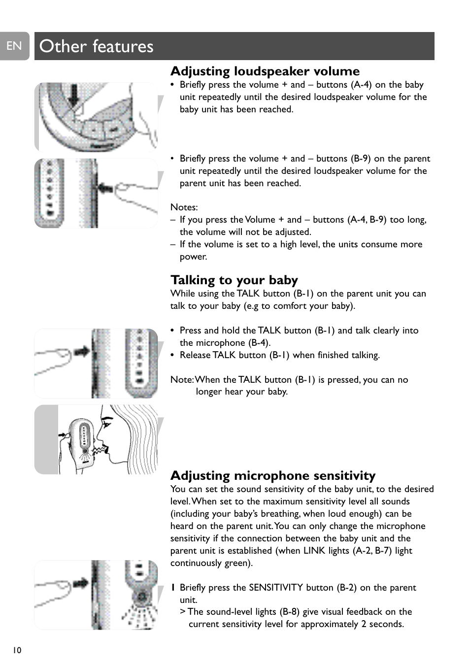 Other features, Adjusting loudspeaker volume, Talking to your baby | Adjusting microphone sensitivity | Philips SCD488 User Manual | Page 10 / 184