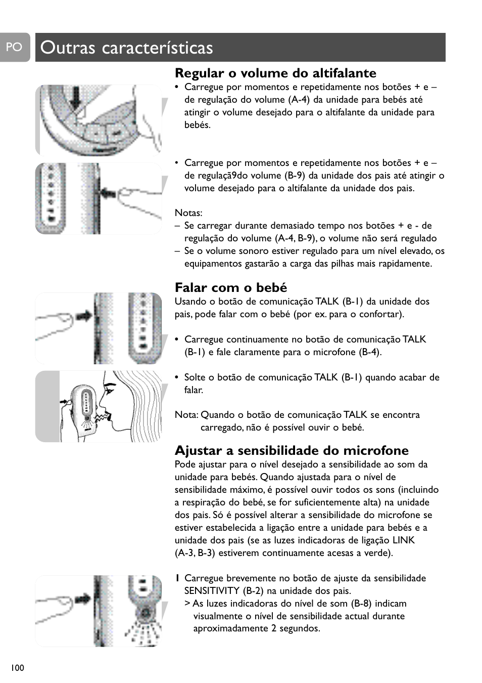 Outras características, Regular o volume do altifalante, Falar com o bebé | Ajustar a sensibilidade do microfone | Philips SCD488 User Manual | Page 100 / 184