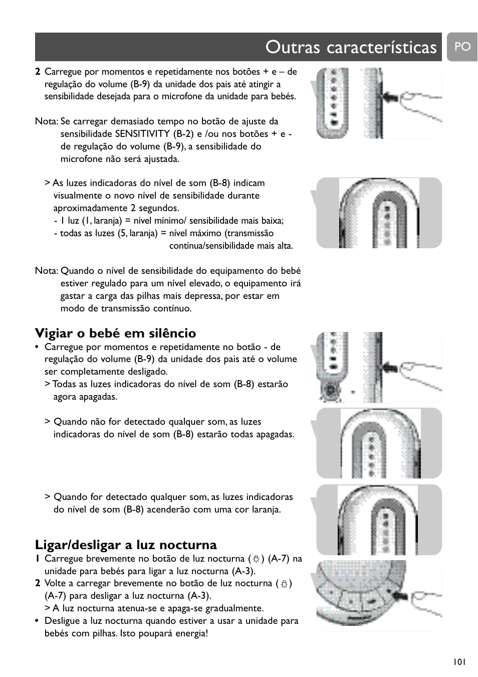 Outras características, Vigiar o bebé em silêncio, Ligar/desligar a luz nocturna | Philips SCD488 User Manual | Page 101 / 184