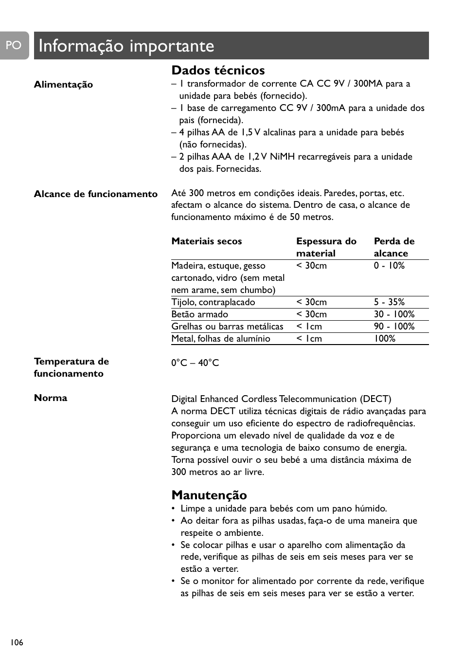 Informação importante, Dados técnicos, Manutenção | Philips SCD488 User Manual | Page 106 / 184