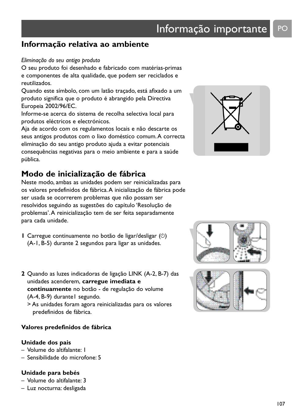 Informação importante, Informação relativa ao ambiente, Modo de inicialização de fábrica | Philips SCD488 User Manual | Page 107 / 184