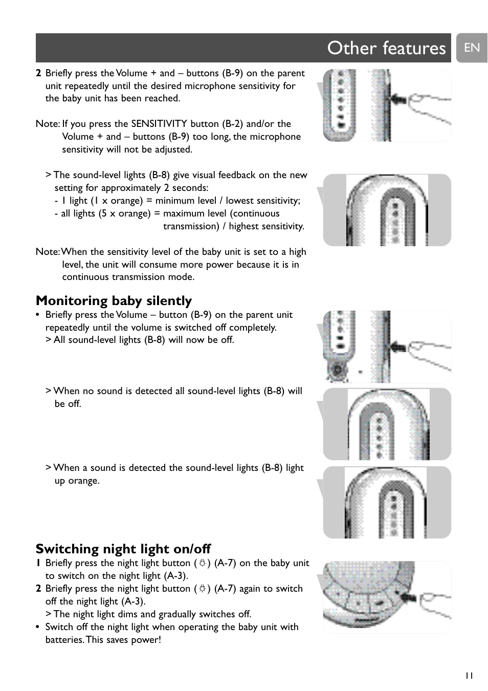 Other features, Monitoring baby silently, Switching night light on/off | Philips SCD488 User Manual | Page 11 / 184