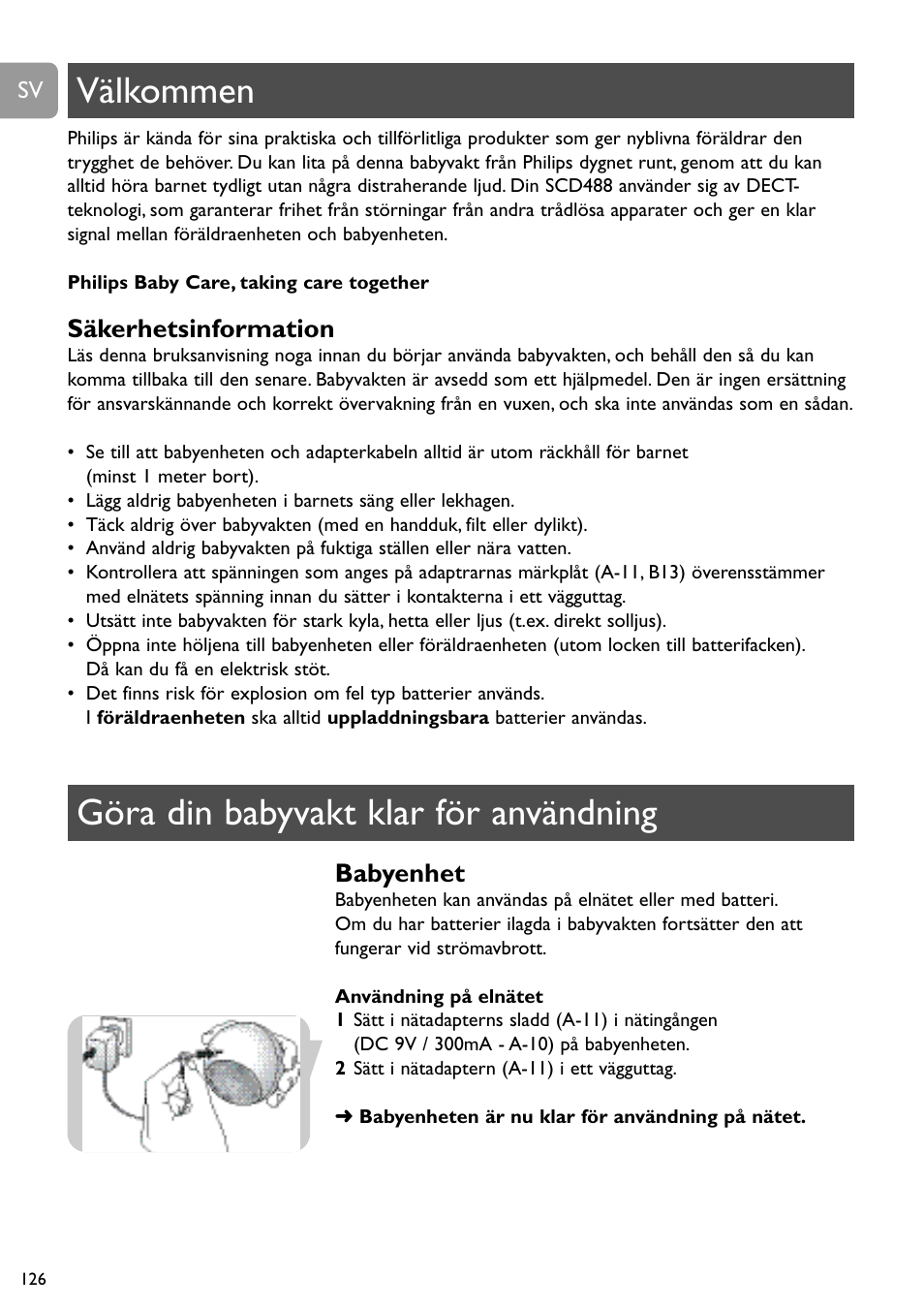 Välkommen göra din babyvakt klar för användning, Säkerhetsinformation, Babyenhet | Philips SCD488 User Manual | Page 126 / 184