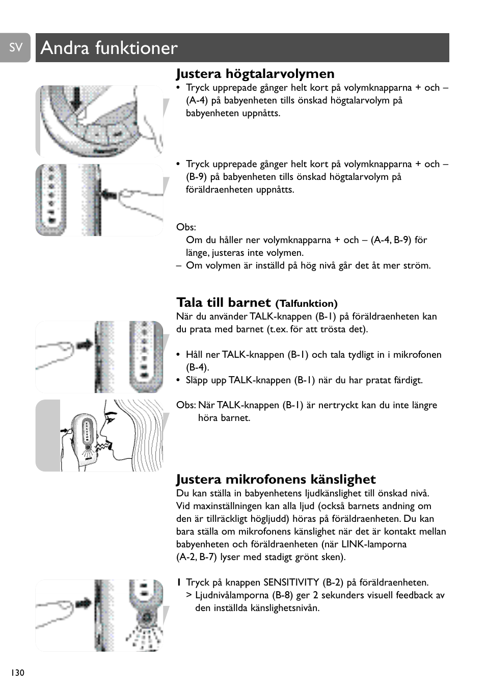 Andra funktioner, Justera högtalarvolymen, Tala till barnet | Justera mikrofonens känslighet | Philips SCD488 User Manual | Page 130 / 184