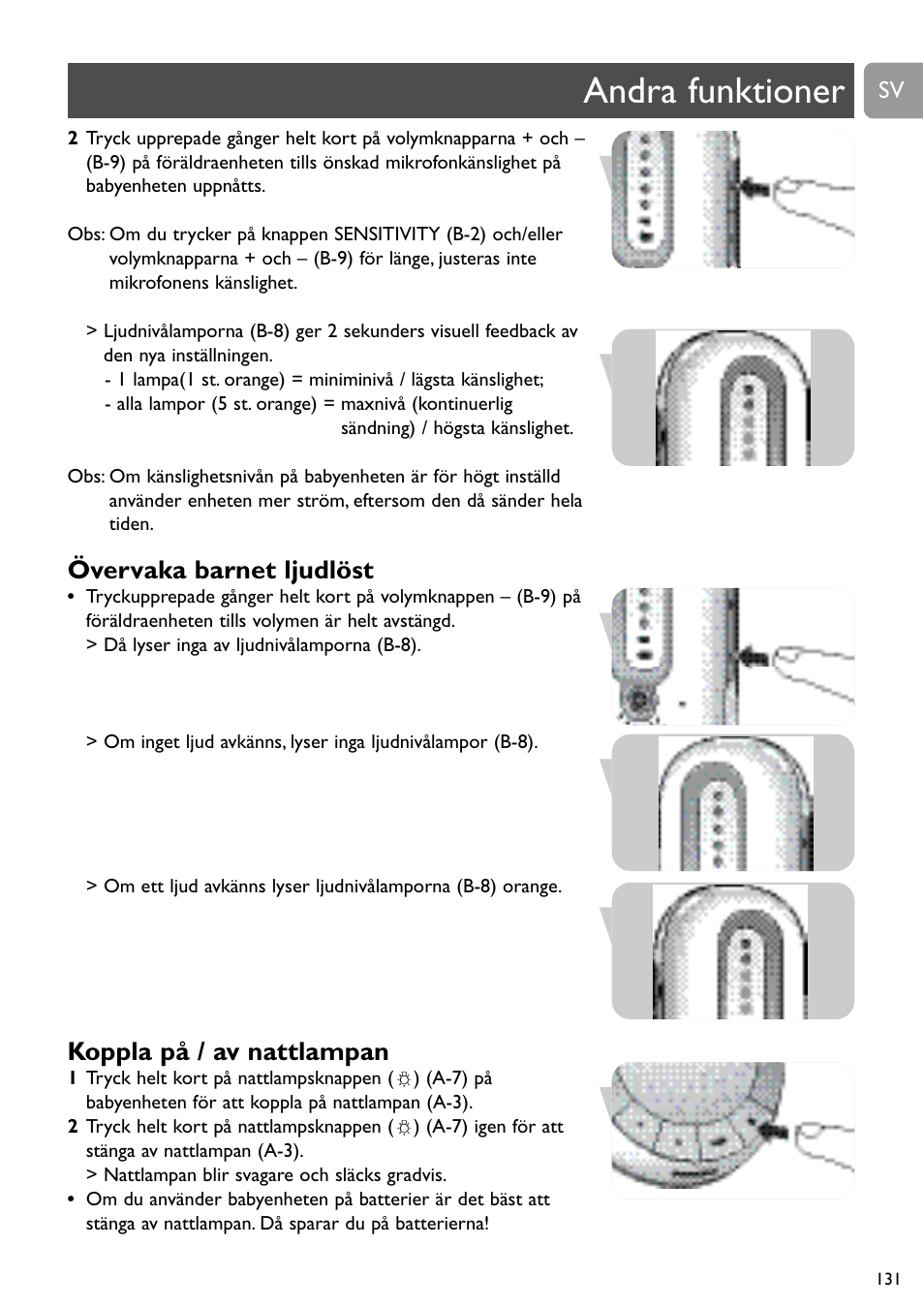 Andra funktioner, Övervaka barnet ljudlöst, Koppla på / av nattlampan | Philips SCD488 User Manual | Page 131 / 184