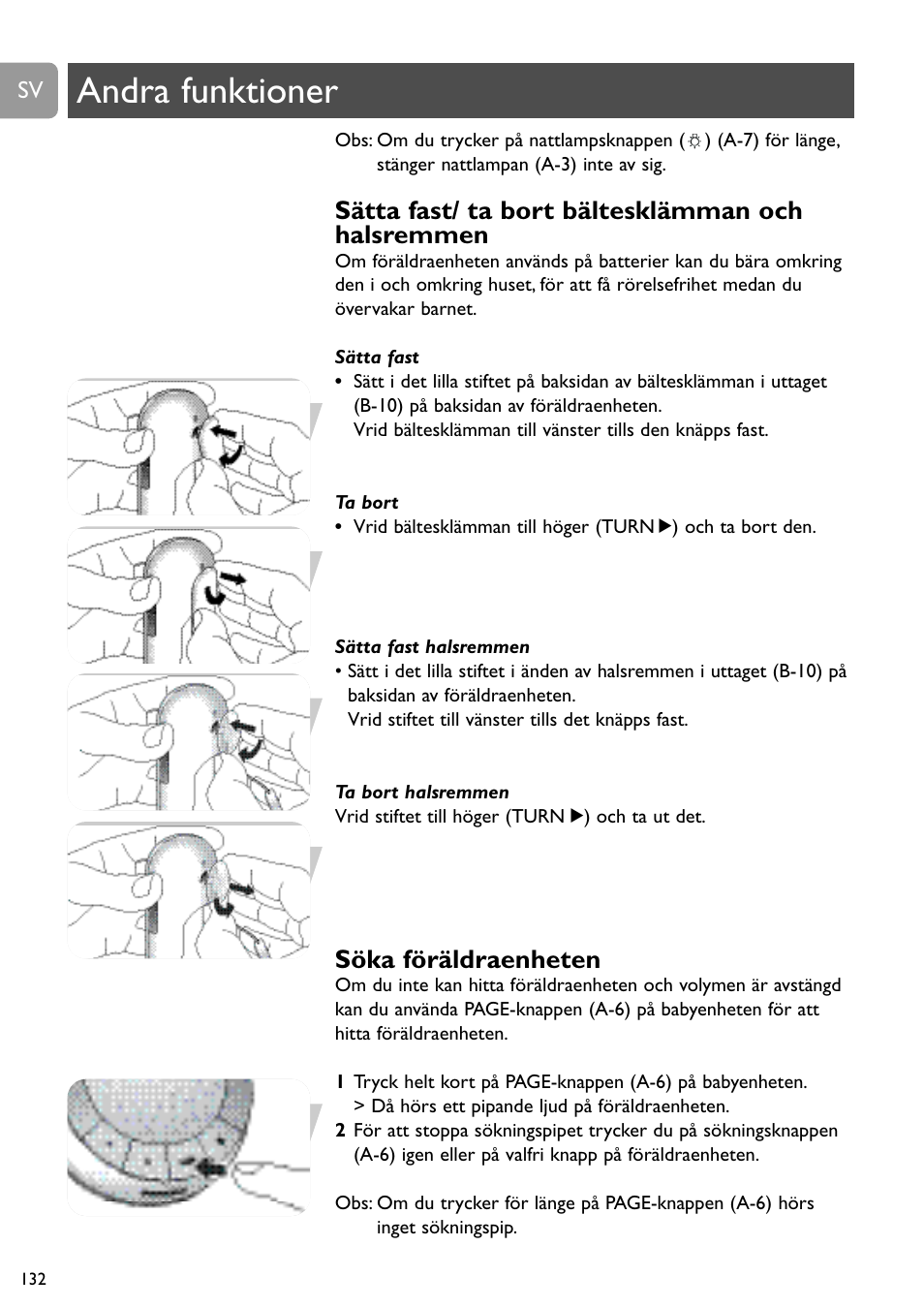 Andra funktioner, Sätta fast/ ta bort bältesklämman och halsremmen, Söka föräldraenheten | Philips SCD488 User Manual | Page 132 / 184