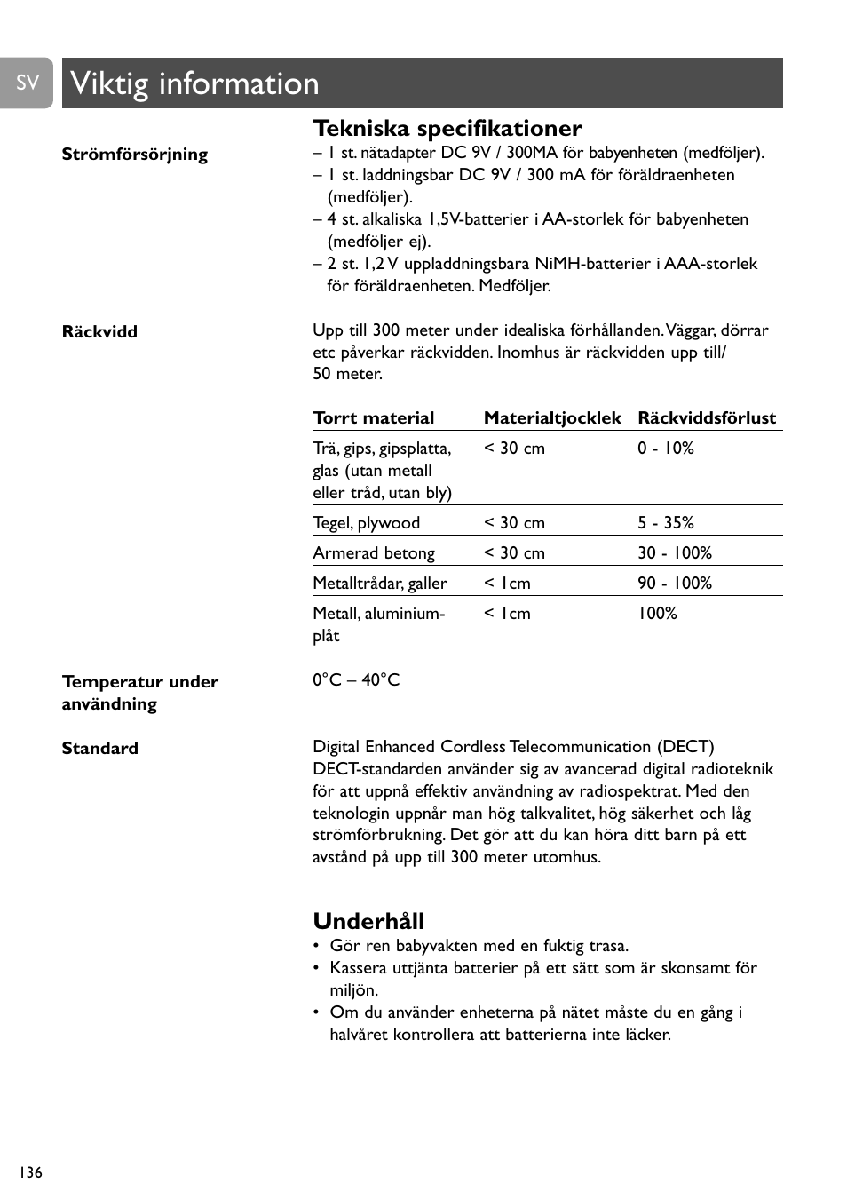 Viktig information, Tekniska specifikationer, Underhåll | Philips SCD488 User Manual | Page 136 / 184