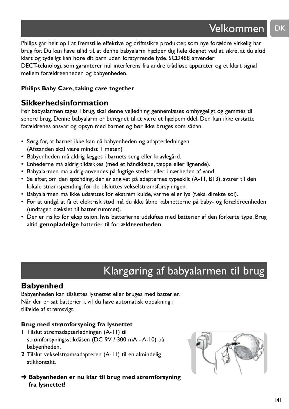 Velkommen klargøring af babyalarmen til brug, Sikkerhedsinformation, Babyenhed | Philips SCD488 User Manual | Page 141 / 184